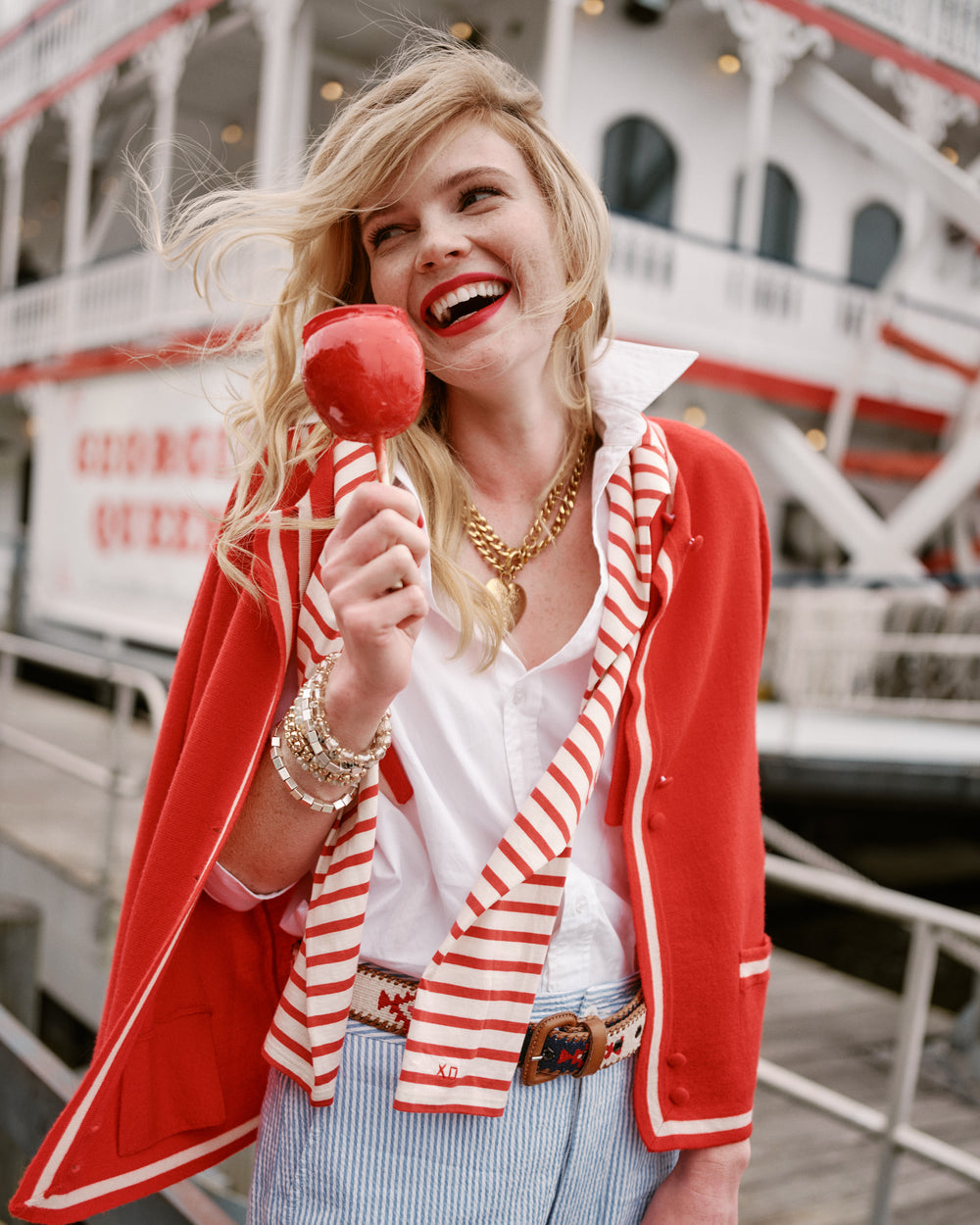 Border Tie Neck Cardigan - Red Sweater Frances Valentine