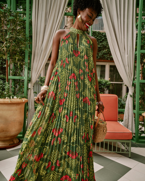 Slim Pleated Maxi Dress - Canopy Green Dresses Frances Valentine