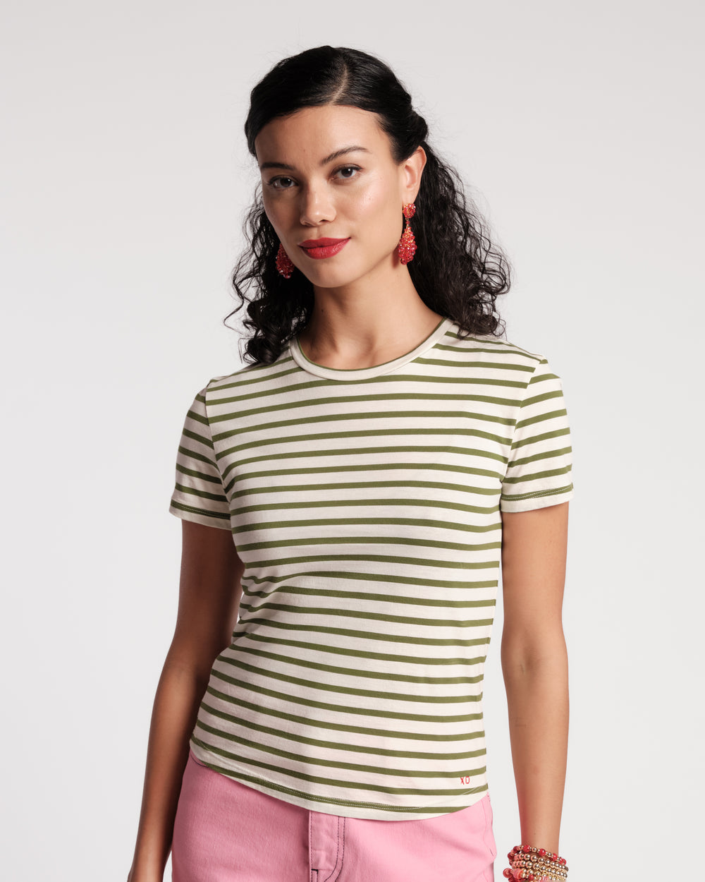 Super Striped Baby Tee - Oyster/Green Shirt Frances Valentine