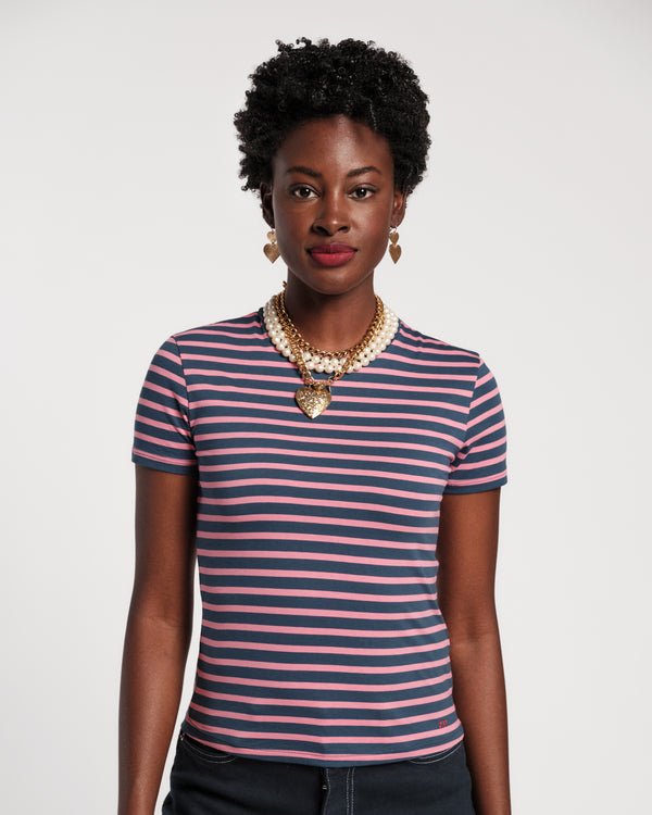 Super Striped Baby Tee - Pink/Navy Shirt Frances Valentine