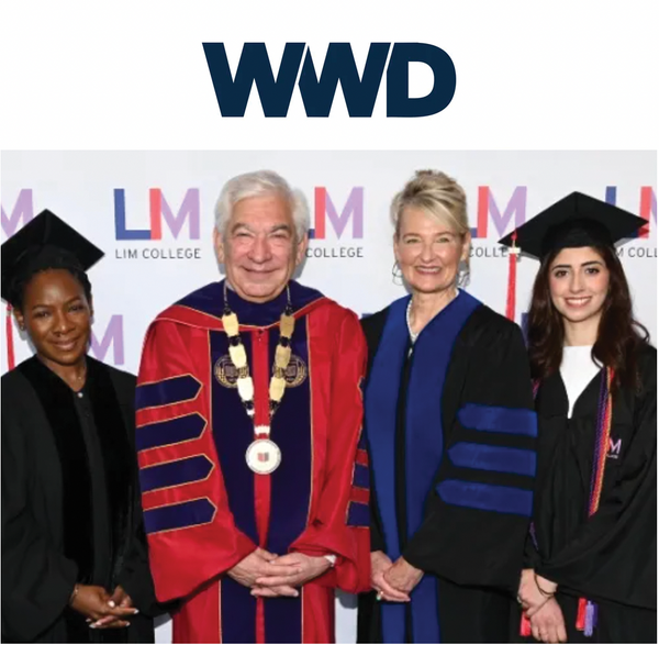 Group of people in academic regalia with LIM College and WWD logos in the background