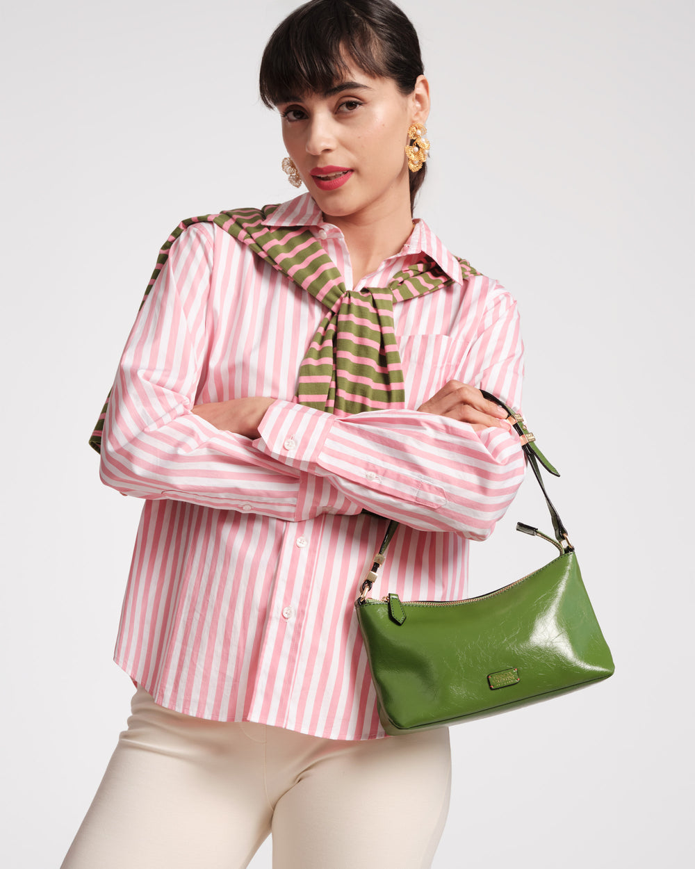Freddie Shoulder Bag - Crinkled Leather Green Shoulder Bag Frances Valentine