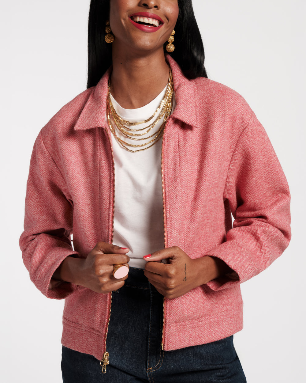 Riff Jacket - Pink Herringbone Wool Pink Coats & Jackets Frances Valentine