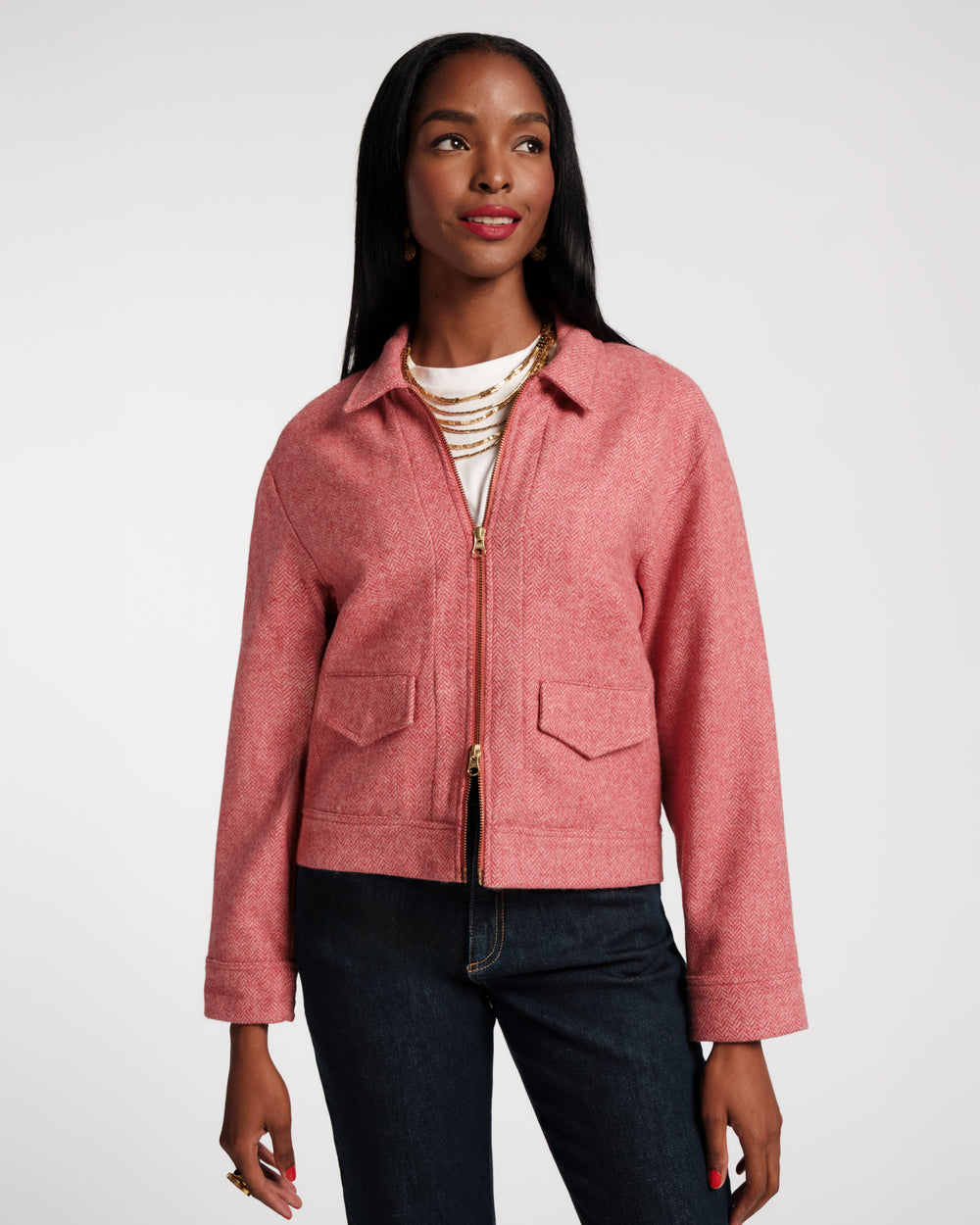 Riff Jacket - Pink Herringbone Wool Pink Coats & Jackets Frances Valentine