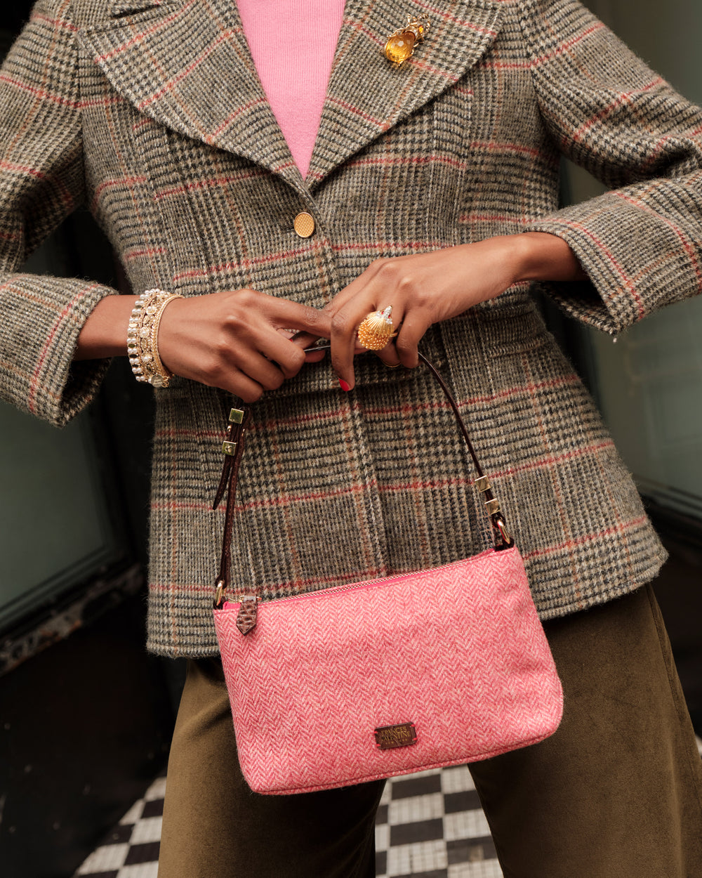 Freddie Shoulder Bag - Pink Herringbone Wool Shoulder Bag Frances Valentine
