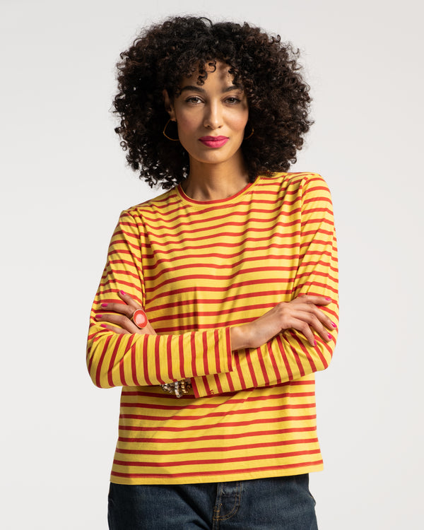 Long Sleeve Striped Tee Shirt - Yellow Red Tops Frances Valentine