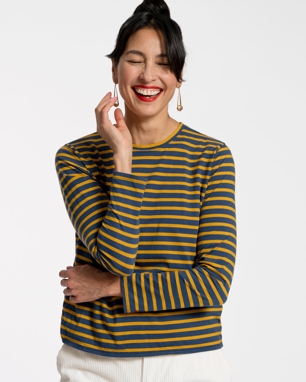 Long Sleeve Striped Shirt - Mustard Navy Tops Frances Valentine
