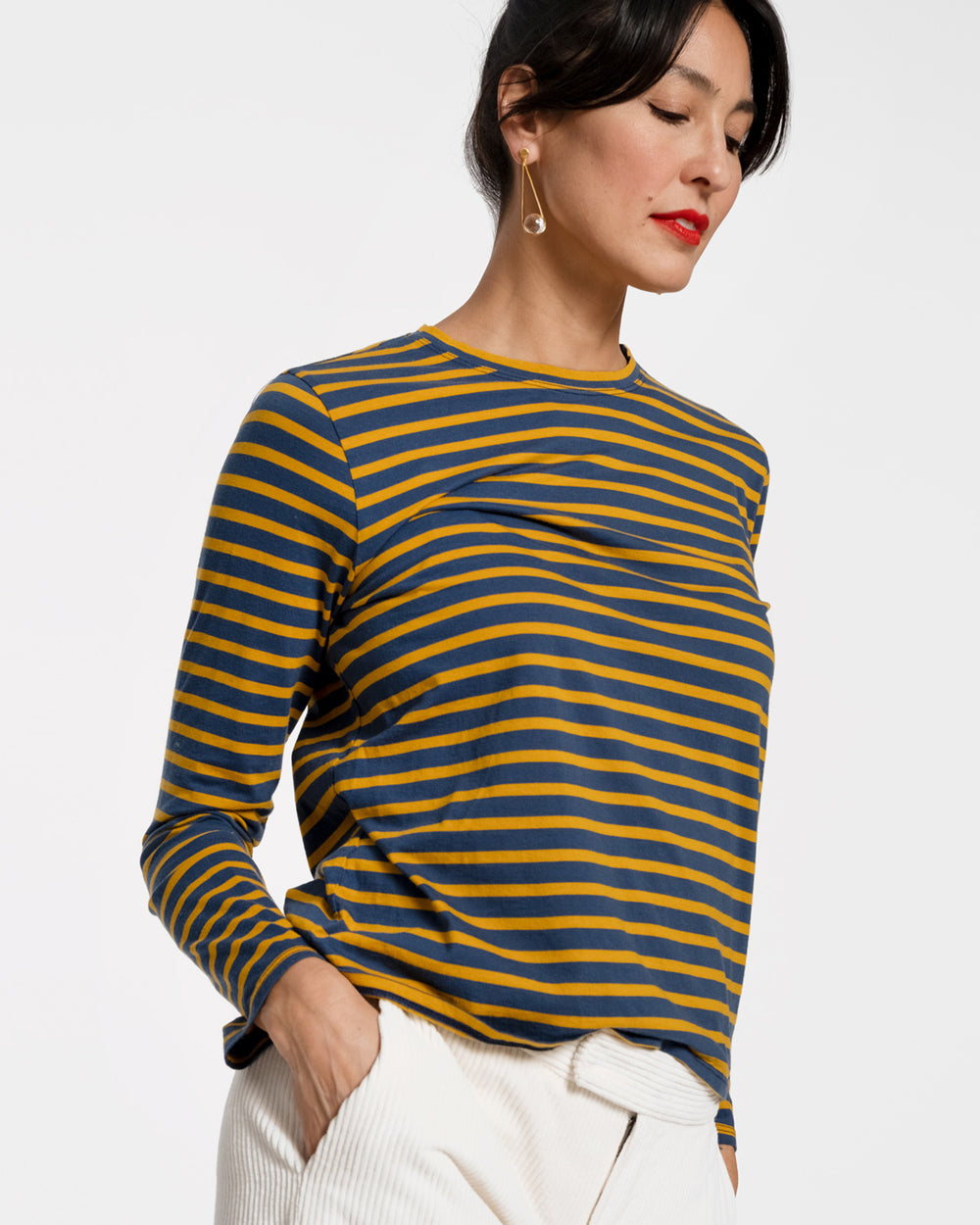 Long Sleeve Striped Shirt - Mustard Navy Tops Frances Valentine