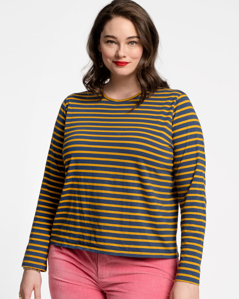 Long Sleeve Striped Shirt - Mustard Navy Tops Frances Valentine